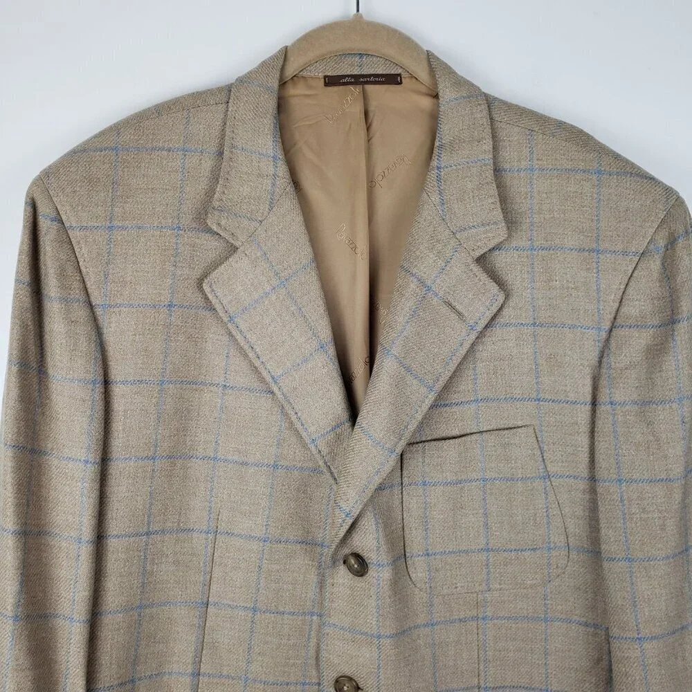 Ravazzolo Beige Plaid Wool Cashmere Three Button Blazer Jacket Mens 52/US 42